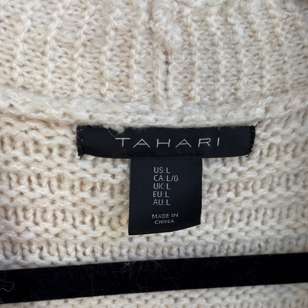 Tahari Wool Cream Cable Knit Long Sleeve Long Cardigan Sweater sz L - Picture 2 of 8